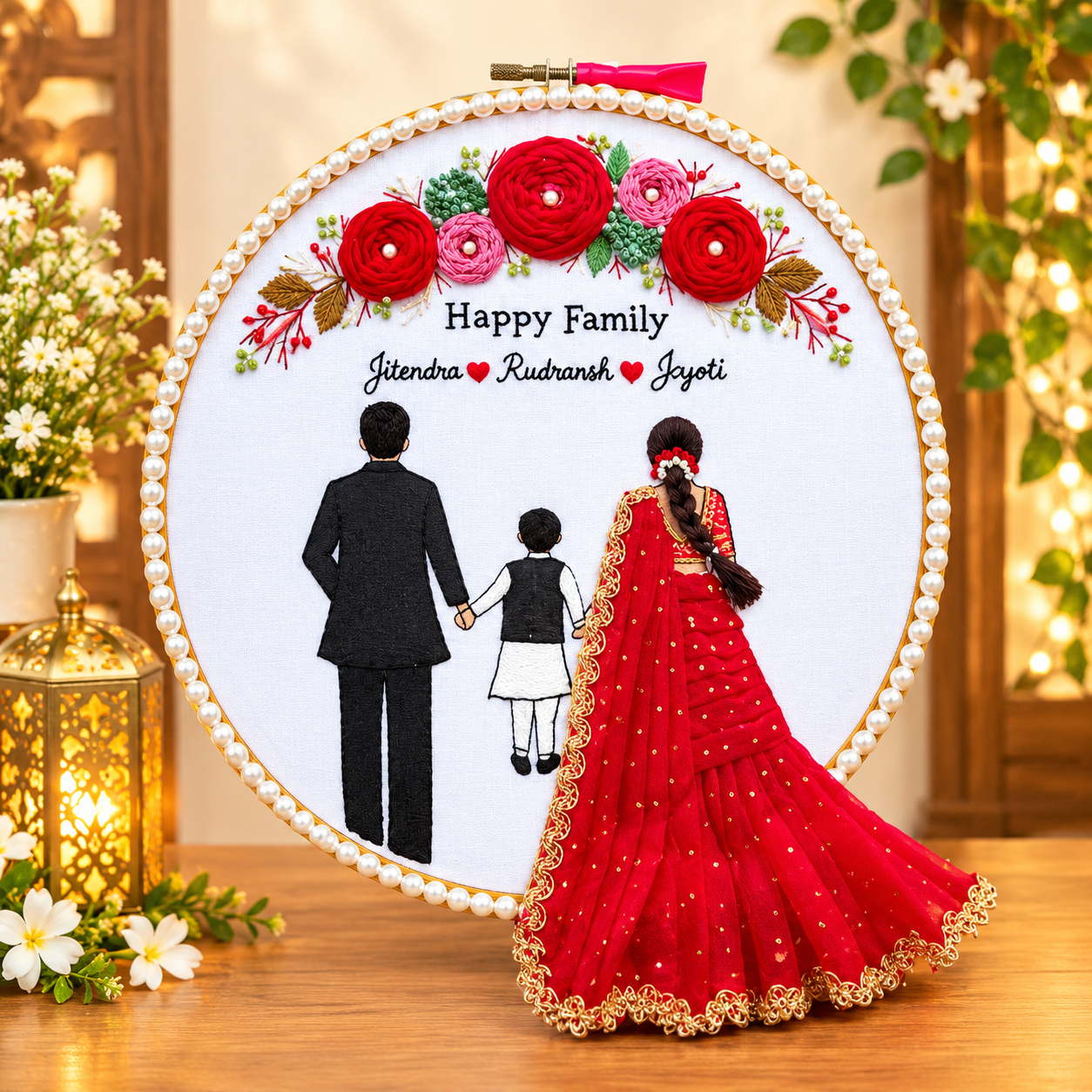 Personalized 3D Family Portrait Embroidery Hoop – Custom Name & Flowing Fabric Art