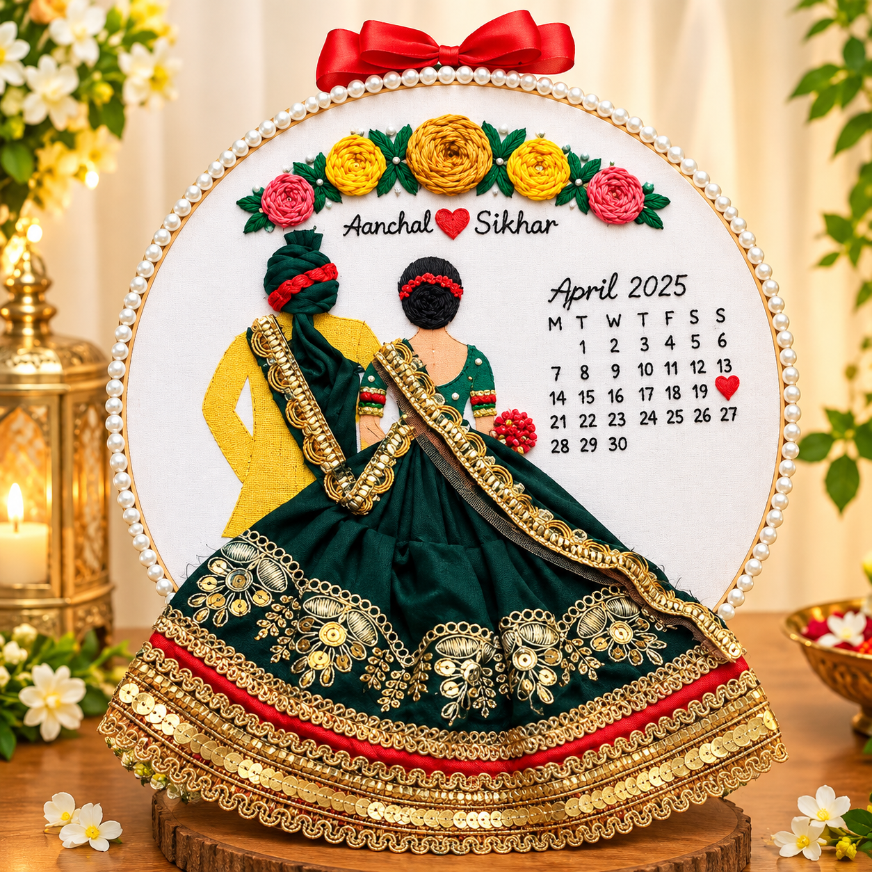 Personalized 3D Indian Wedding Couple Embroidery Hoop – Custom Save-the-Date Calendar & Flowing Lehenga Art