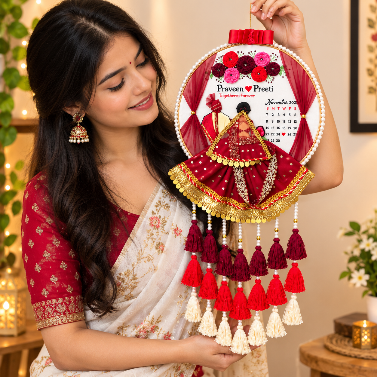 Personalized 3D Indian Wedding Couple Embroidery Hoop – Custom Calendar & Tassel Wall Hanging