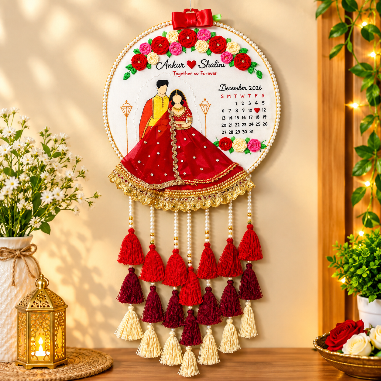 Personalized 3D Indian Wedding Couple Embroidery Wall Hanging – Custom Calendar & Tassel Art