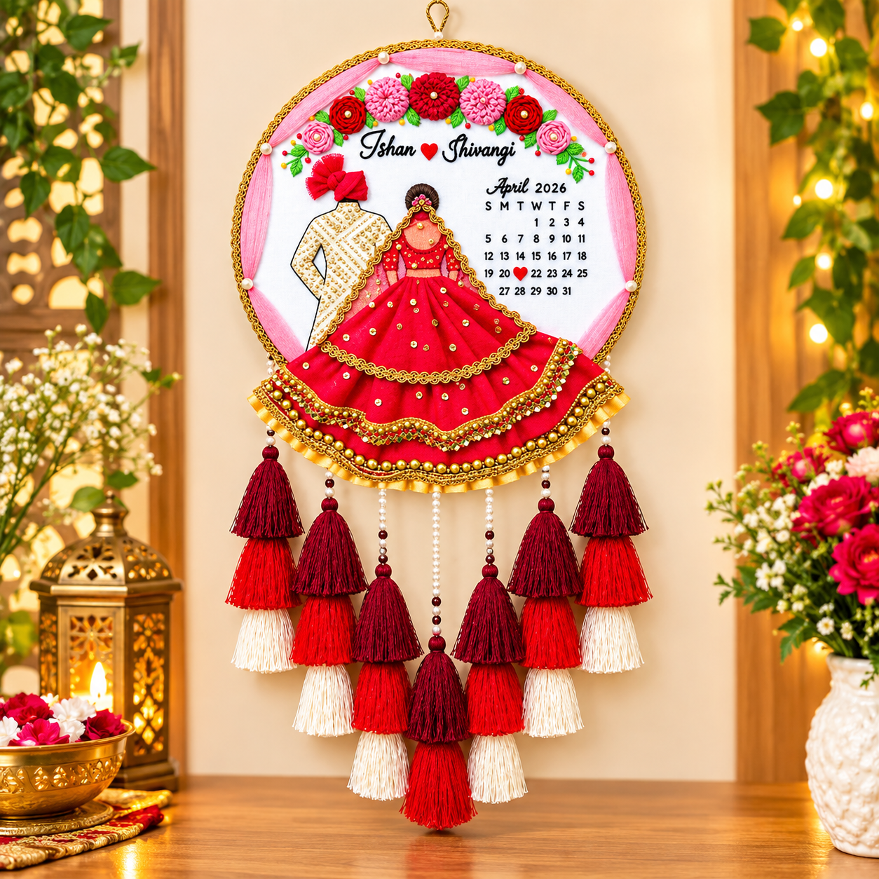 Personalized 3D Indian Wedding Couple Embroidery Wall Hanging – Custom Save-the-Date Calendar & Layered Tassel Art
