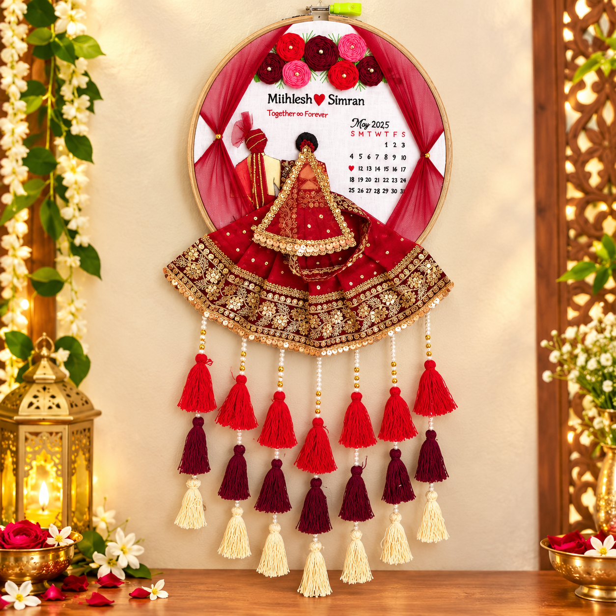 Personalized 3D Indian Wedding Couple Embroidery Wall Hanging – Custom Calendar, Flowing Lehenga & Layered Tassels