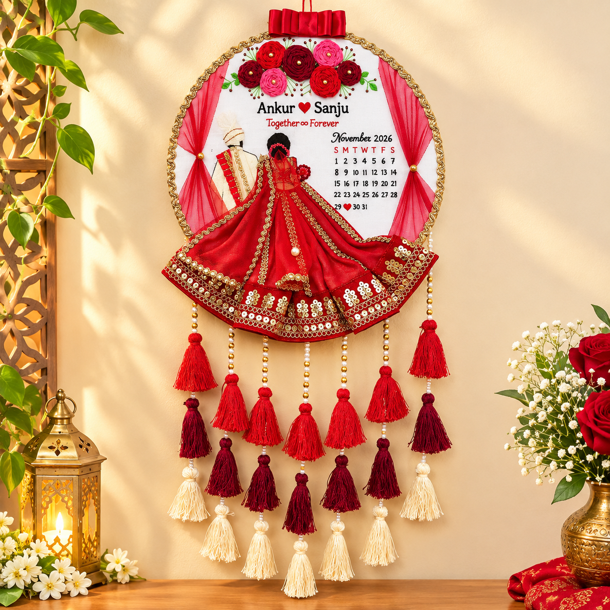 Personalized 3D Indian Wedding Couple Embroidery Wall Hanging – Custom Calendar, Flowing Red Lehenga & Layered Tassels