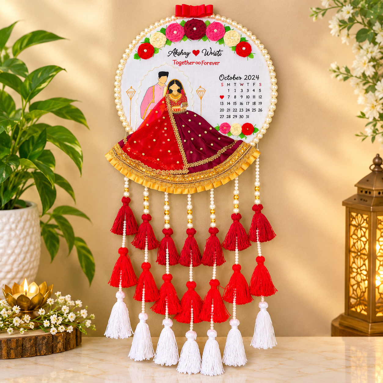 Personalized 3D Indian Wedding Couple Embroidery Hoop Wall Art with Custom Calendar & Pearl Tassels